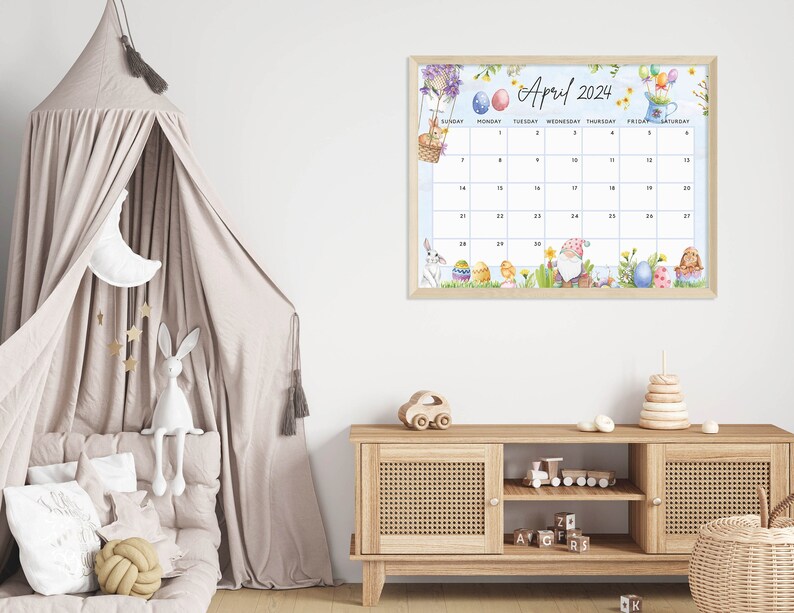 Printable April 2024 Calendar Fun Easter Bunny & Gnome Ediatble Planner