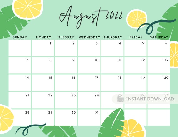 august 2022 calendar fresh summer printable fillable calendar etsy