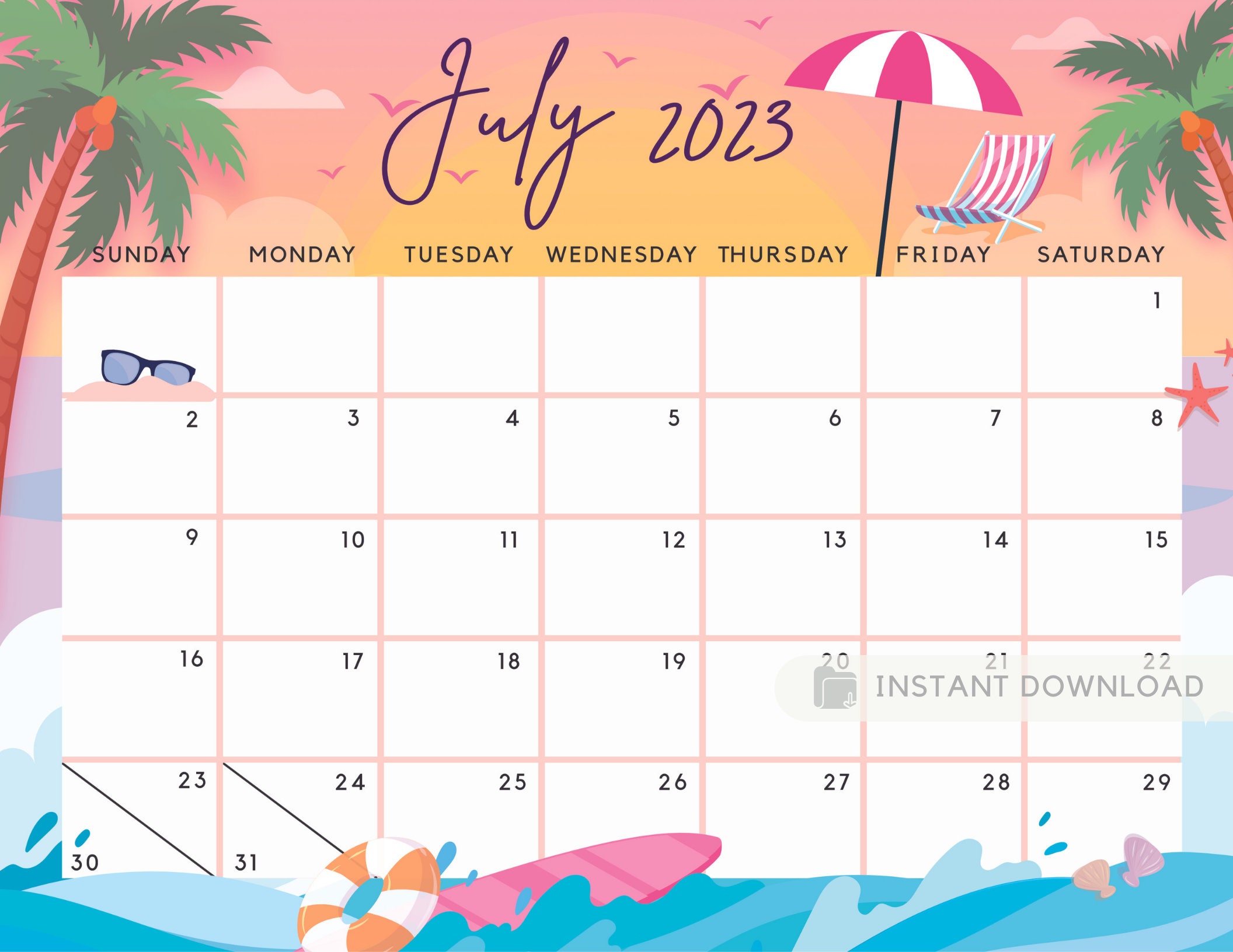 July 2023 Calendar Printable Summer Planner Calendar Cute Pink Etsy