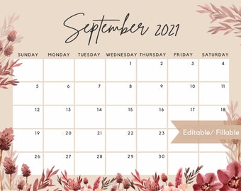 September 2021 Calendar, Beautiful Fall Autumn Watercolor Flowers & Leaves Printable Editable Calendar Planner Insert - Instant Download