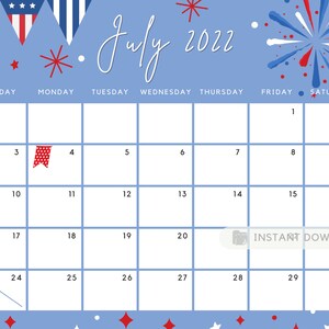July 2022 Calendar Independence Day Patriotic 4Th Of July Us | Etsy
