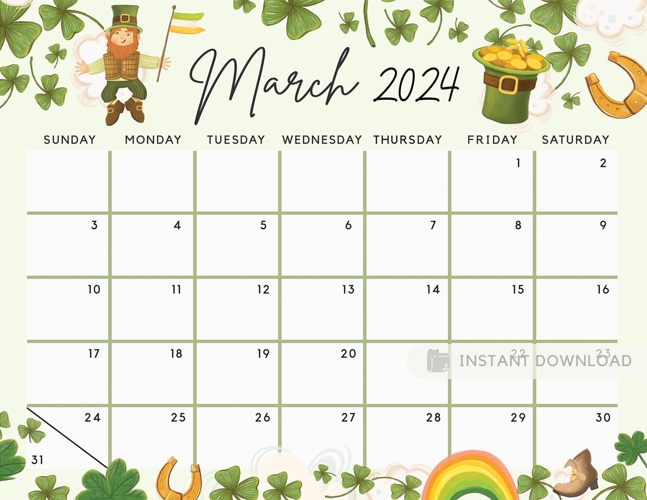 Editable March 2024 Calendar for the Lucky Month With Clovers Cute