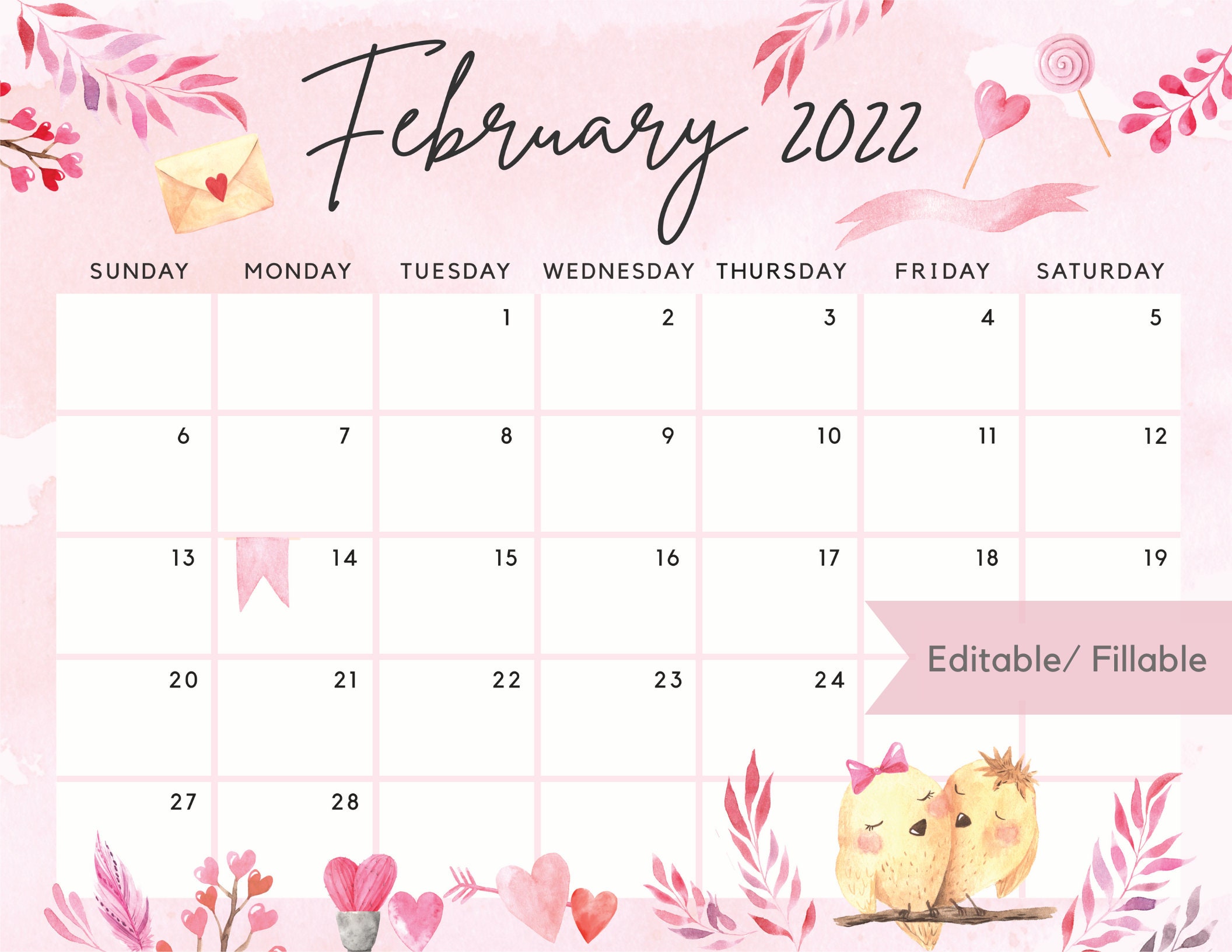 Cute February 2022 Calendar February 2022 Calendar Cute Valentine Love Day Watercolor | Etsy Ireland