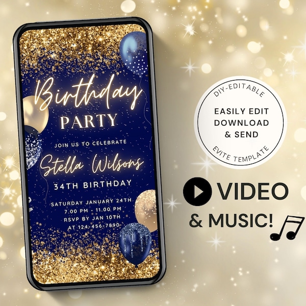 Birthday Party Invitation, Editable Electronic Bday Dinner, Animated Birthday Party Invite, Video Blue and Gold Balloons Digital e-vite DB01