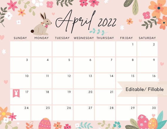 editable april 2022 calendar easter day printable calendar etsy