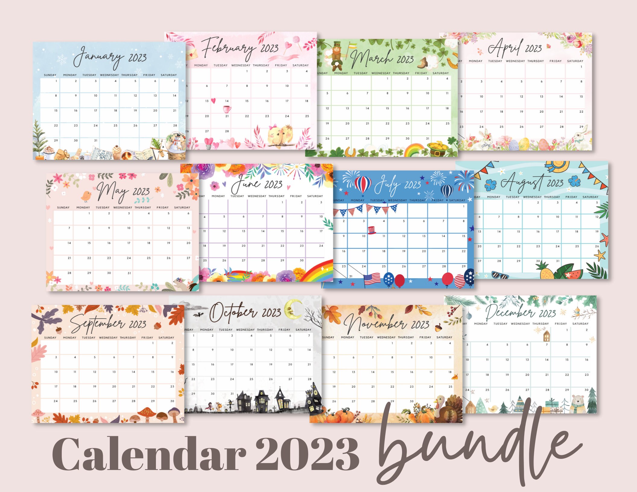 January 2023 Calendar Printable Cute Calendar 2023 Bundle Pack January To December Monthly | Etsy India