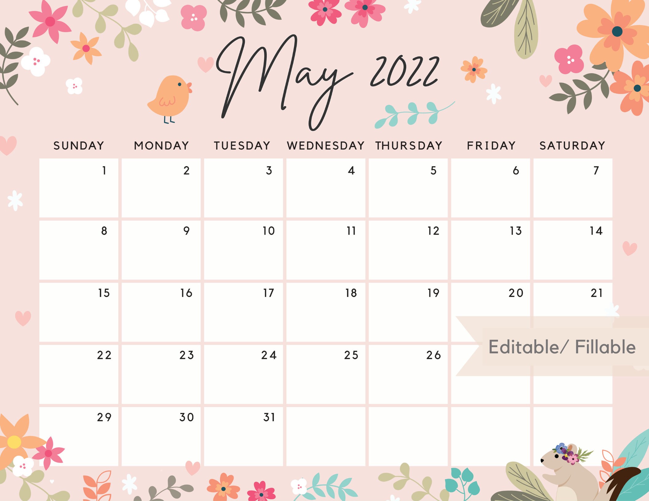 editable may 2022 calendar cute printable may planner etsy