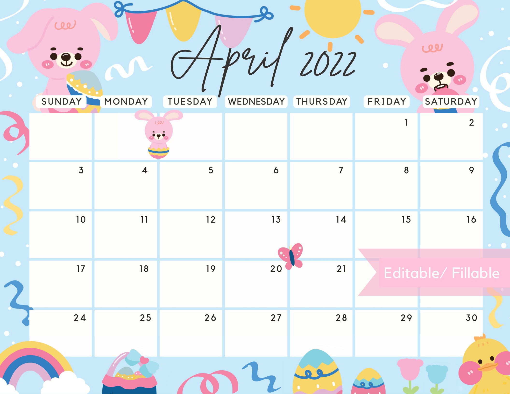 editable april 2022 calendar cute easter day hand drawn bunny etsy hong kong