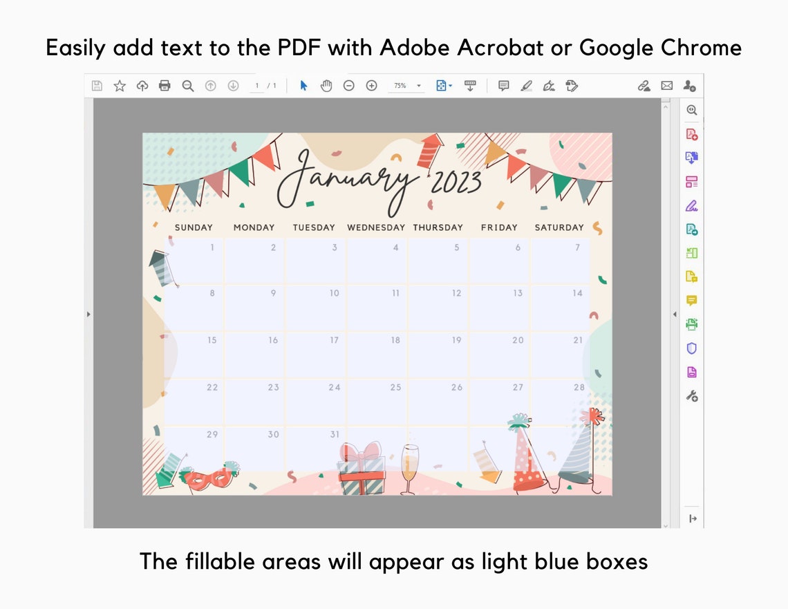 January 2023 Calendar Happy New Year Celebration Party Etsy Australia