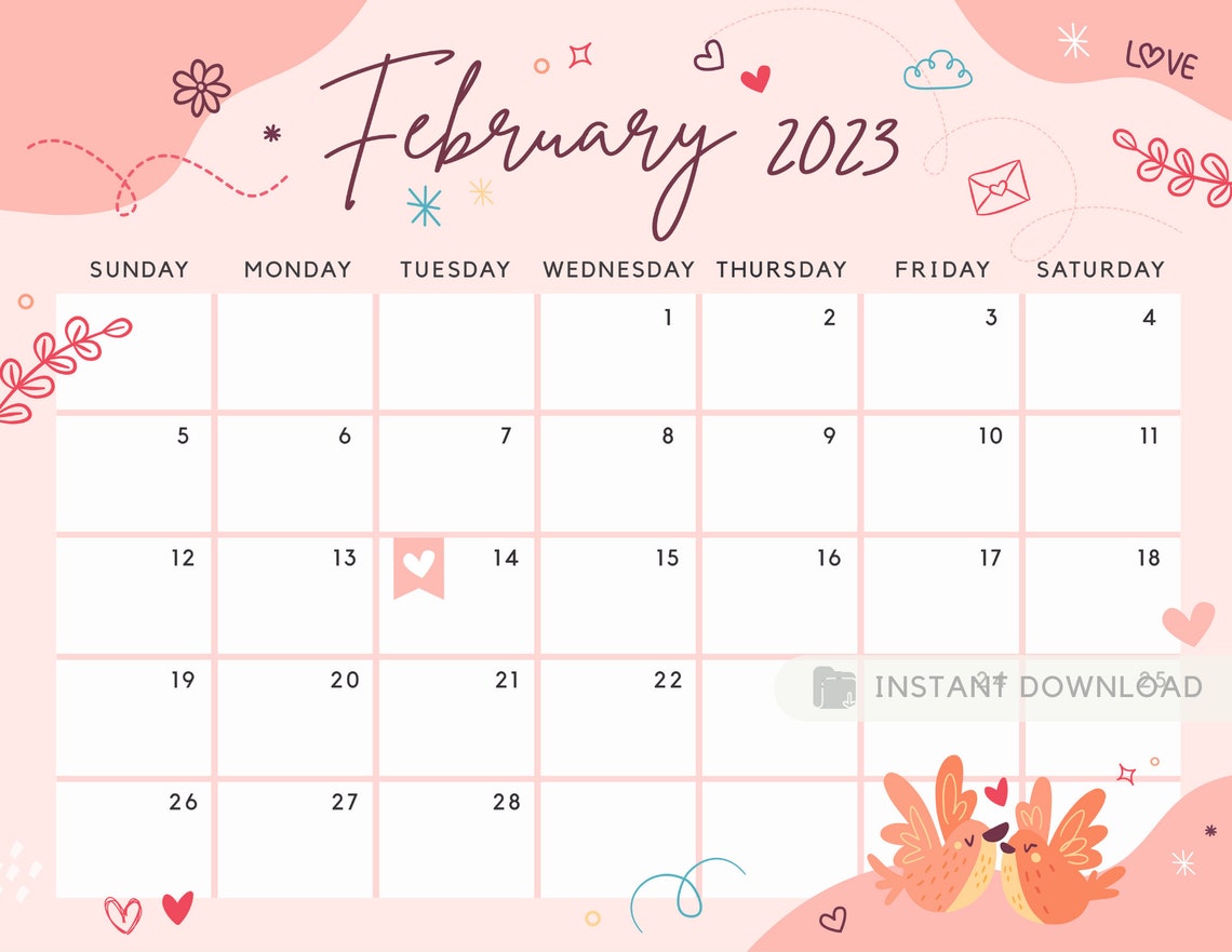 February 2023 Calendar Lovely & Sweet Valentine's Day - Etsy
