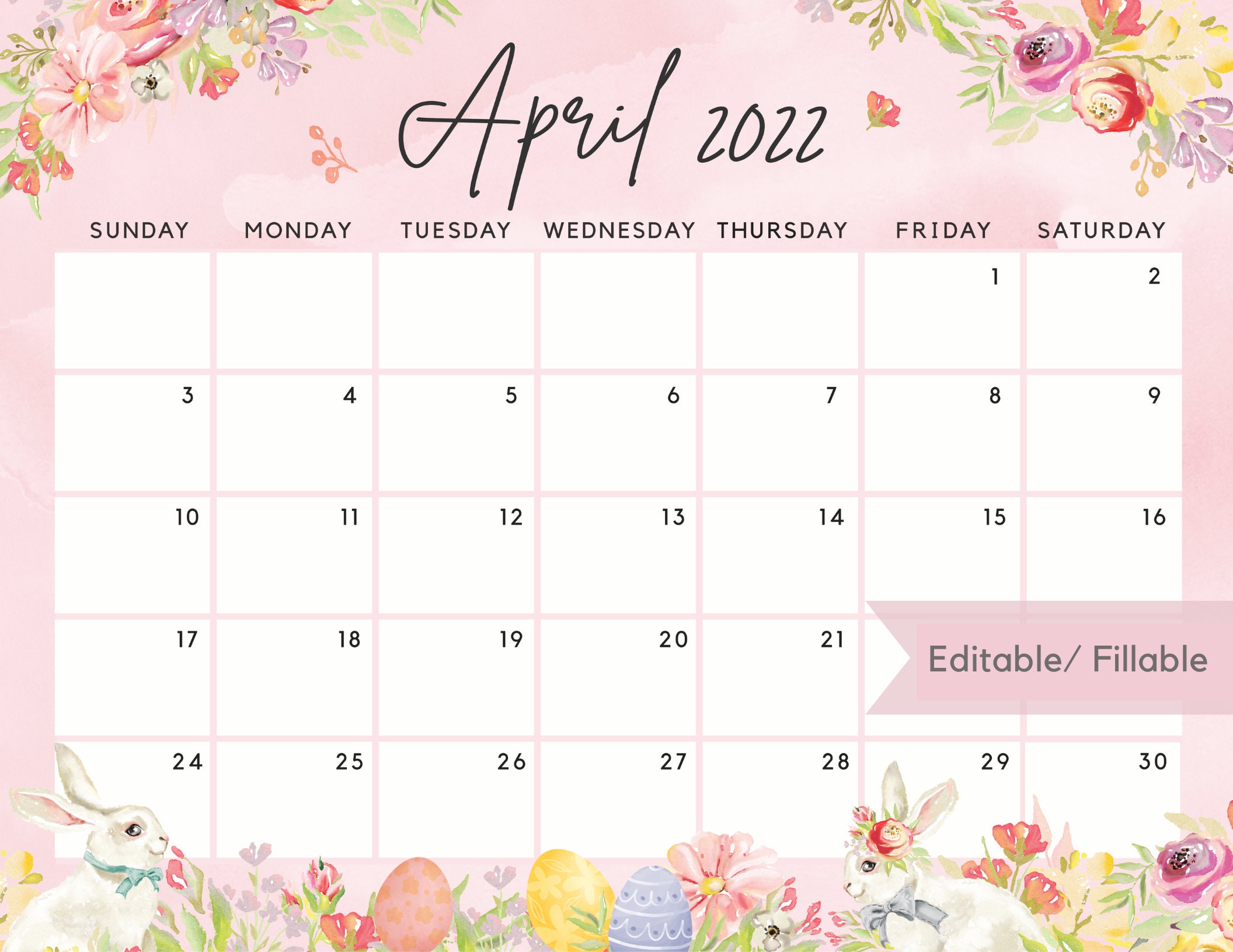 editable april 2022 calendar easter day bunny eggs flowery etsy