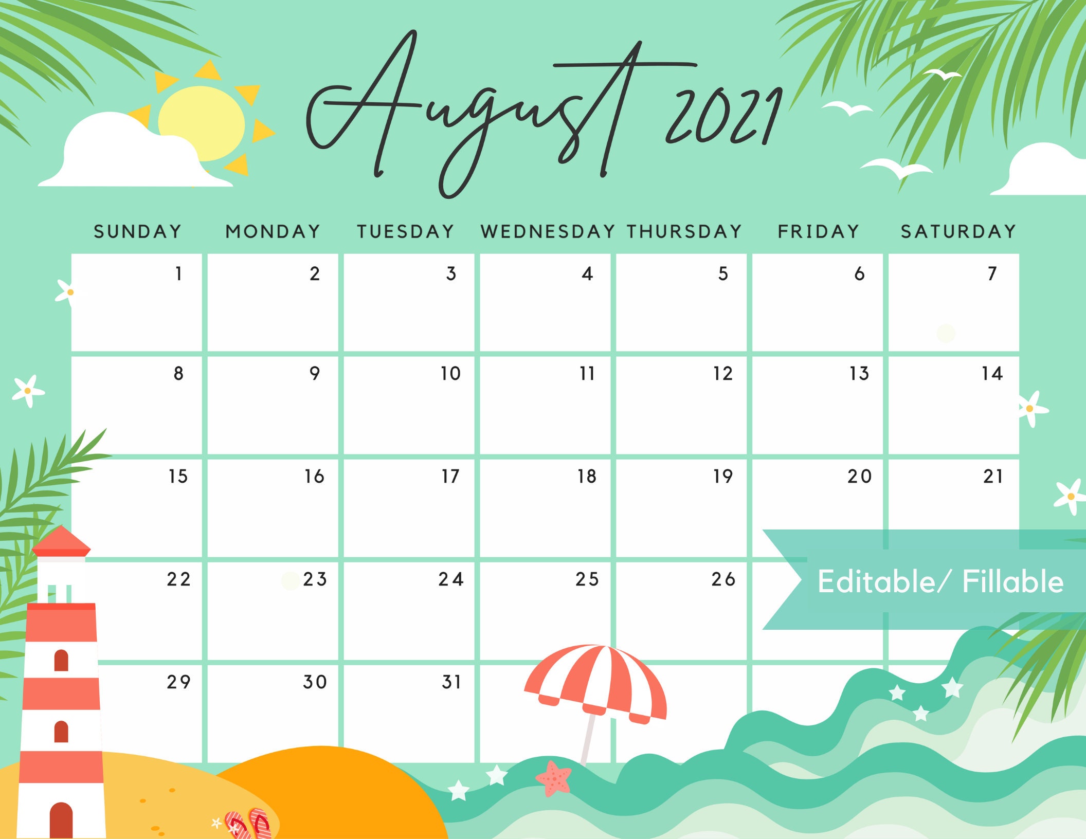 august 2022 calendar cute and fun summer beach sunny day etsy
