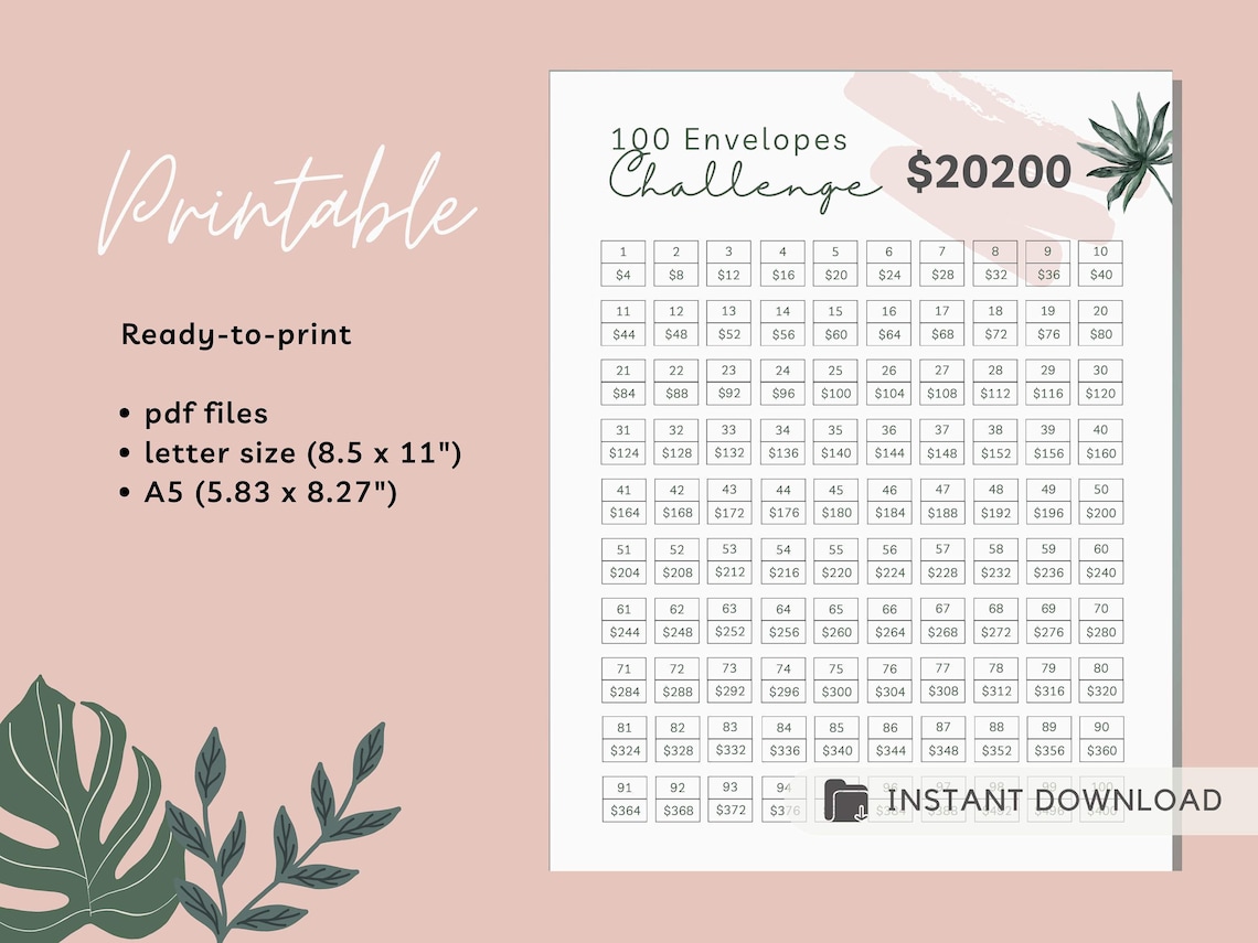 printable 100 envelope challenge tracker