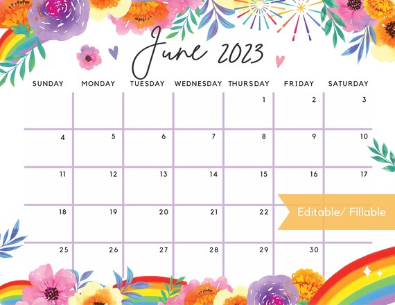 Fillable June 2023 Calendar Rainbow Summer Floral Printable - Etsy Ireland