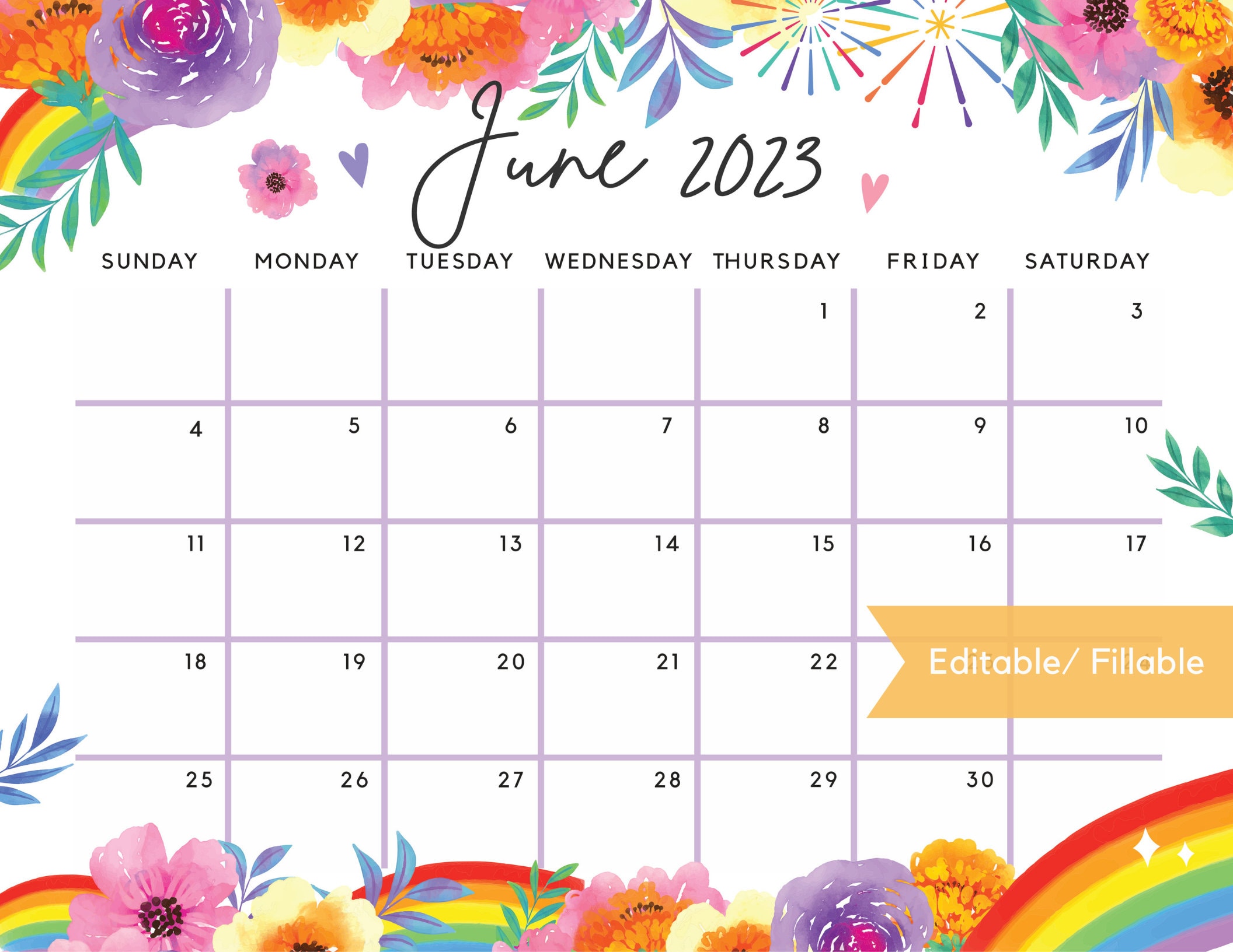 Buy Fillable June 2023 Calendar Rainbow Summer Floral Printable Online In  India - Etsy