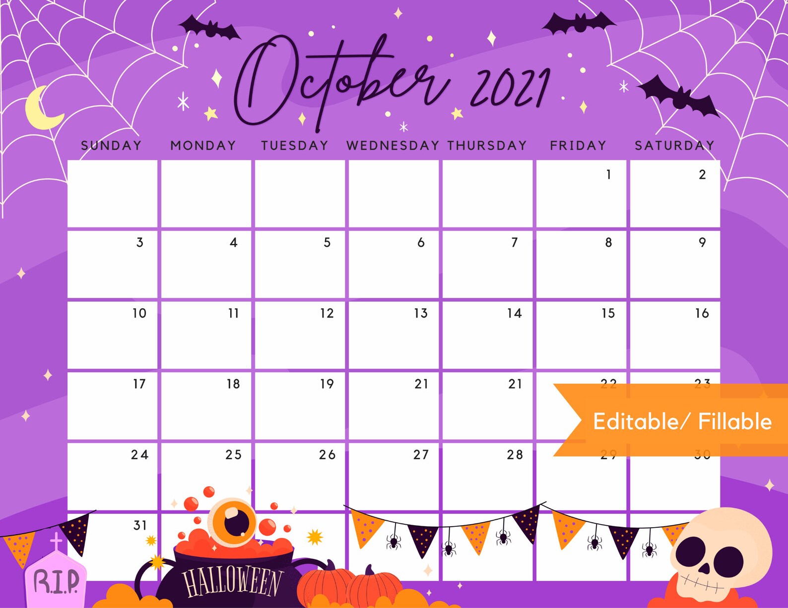 October 2021 Calendar Cute Spooky Halloween Night Party Etsy