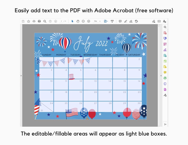 July 2022 Calendar Independence Day Patriotic 4th of July US - Etsy