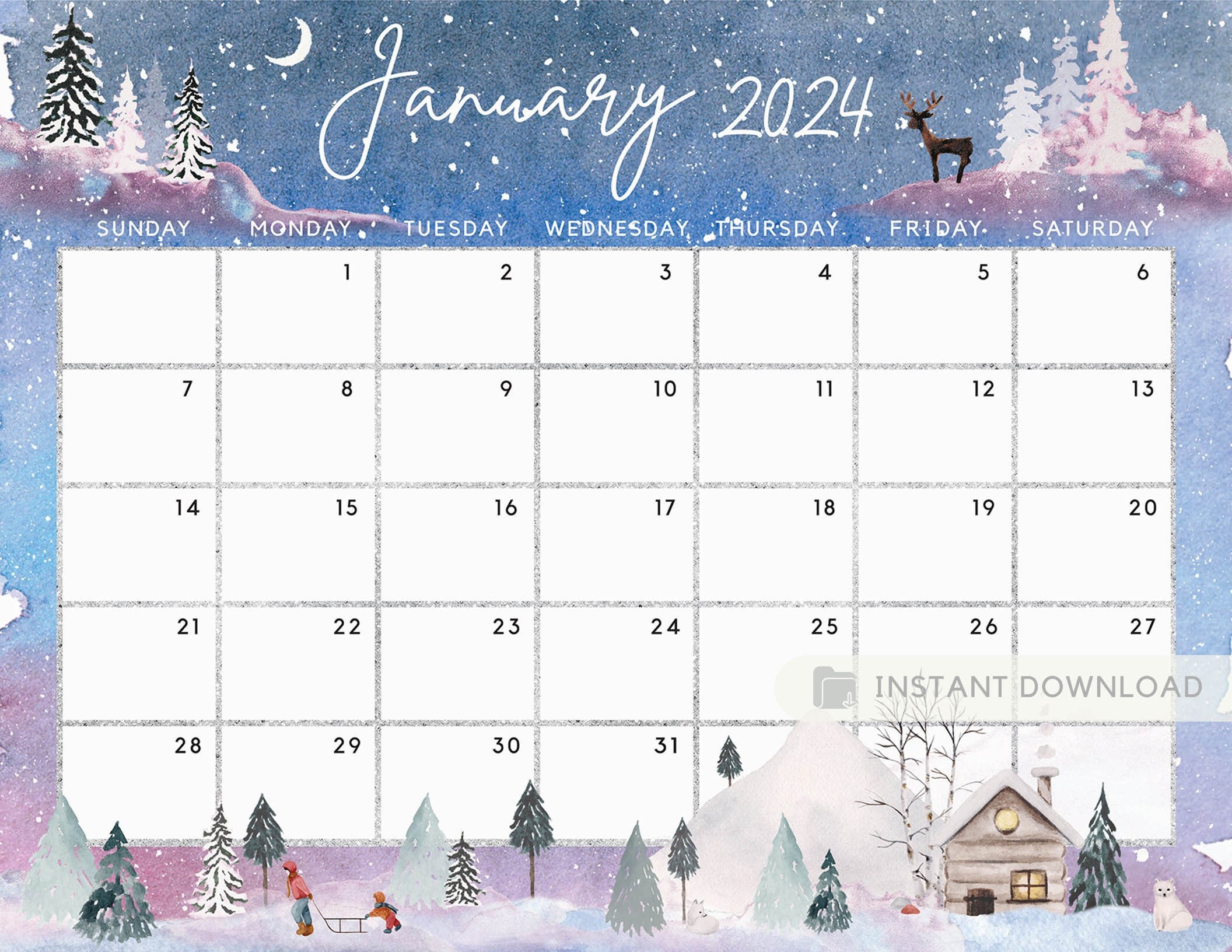 Fillable January 2024 Calendar, Cute & Fun Snowing Winter Jan 24