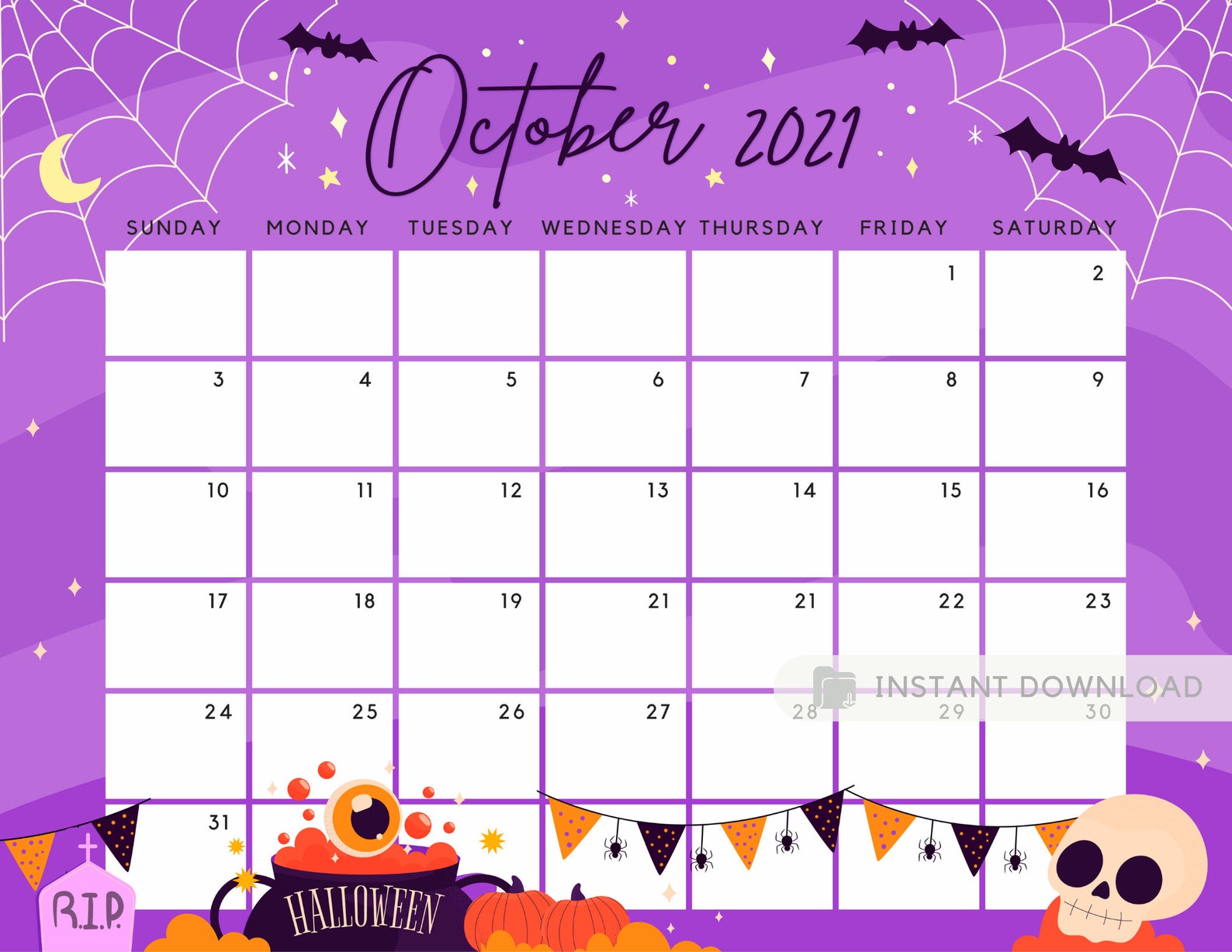 October 2021 Calendar Cute &amp; Spooky Halloween Night Party | Etsy