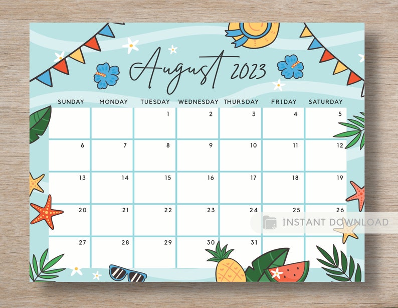 August 2023 Calendar Warm And Cute Summer Beach Printable Etsy Uk