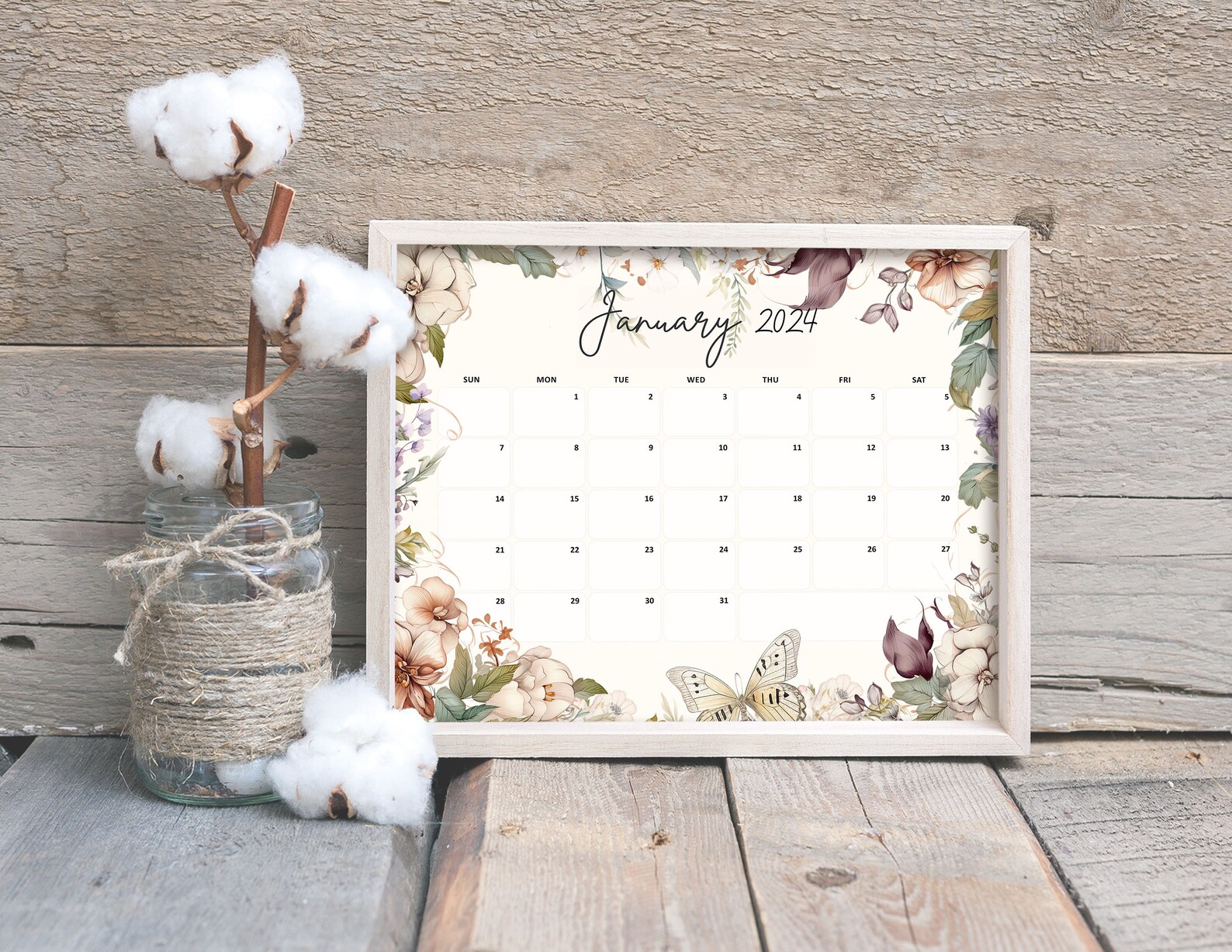 January 2024 Calendar Printable Planner Beautiful Vintage Flowers Month