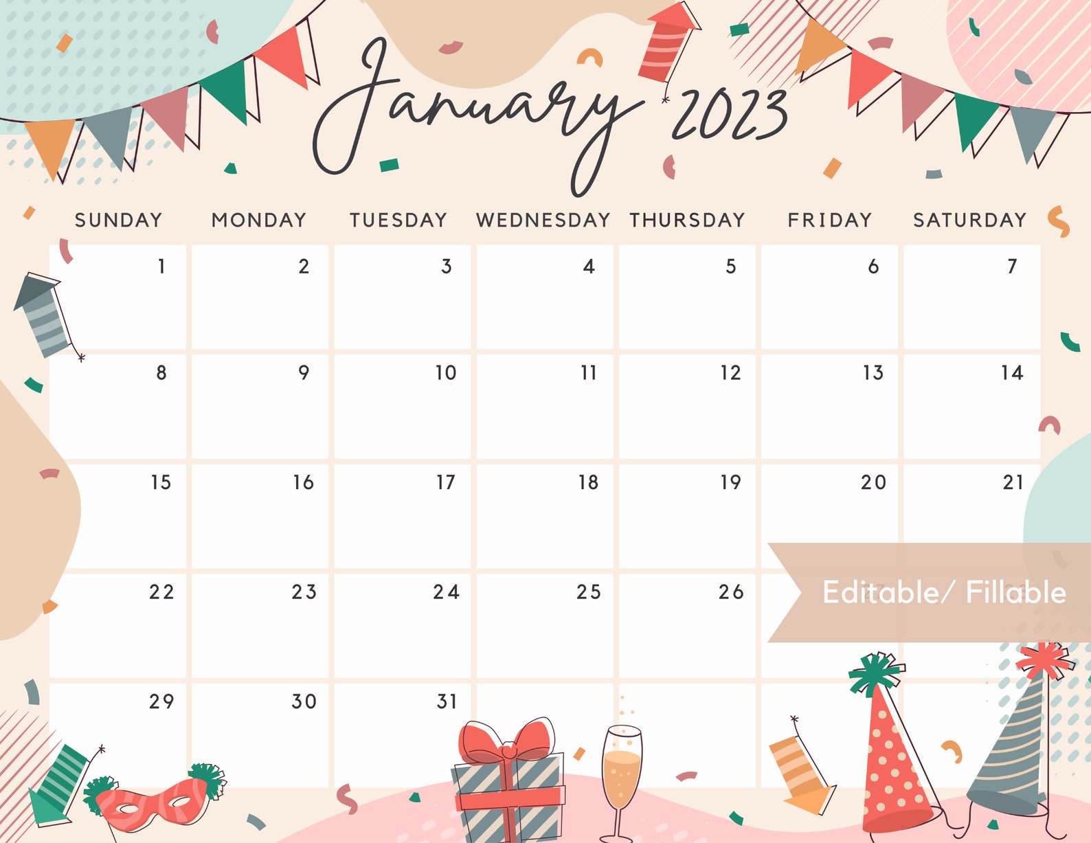 January 2023 Calendar Happy New Year Celebration Party Etsy Canada