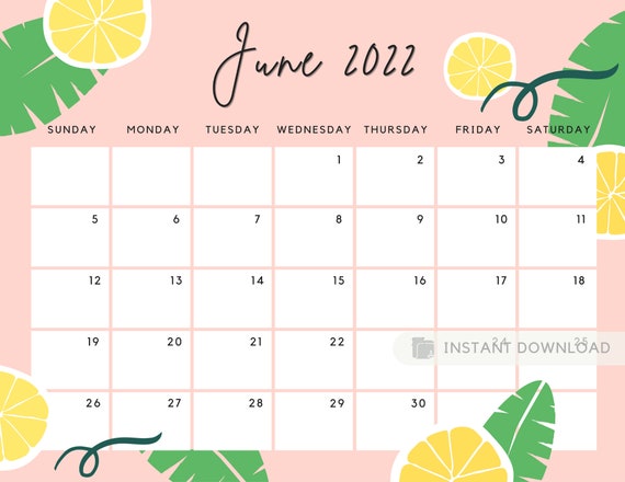 Printable Summer Calendar 2022 June 2022 Calendar Cute Summer Printable Calendar Editable | Etsy Canada