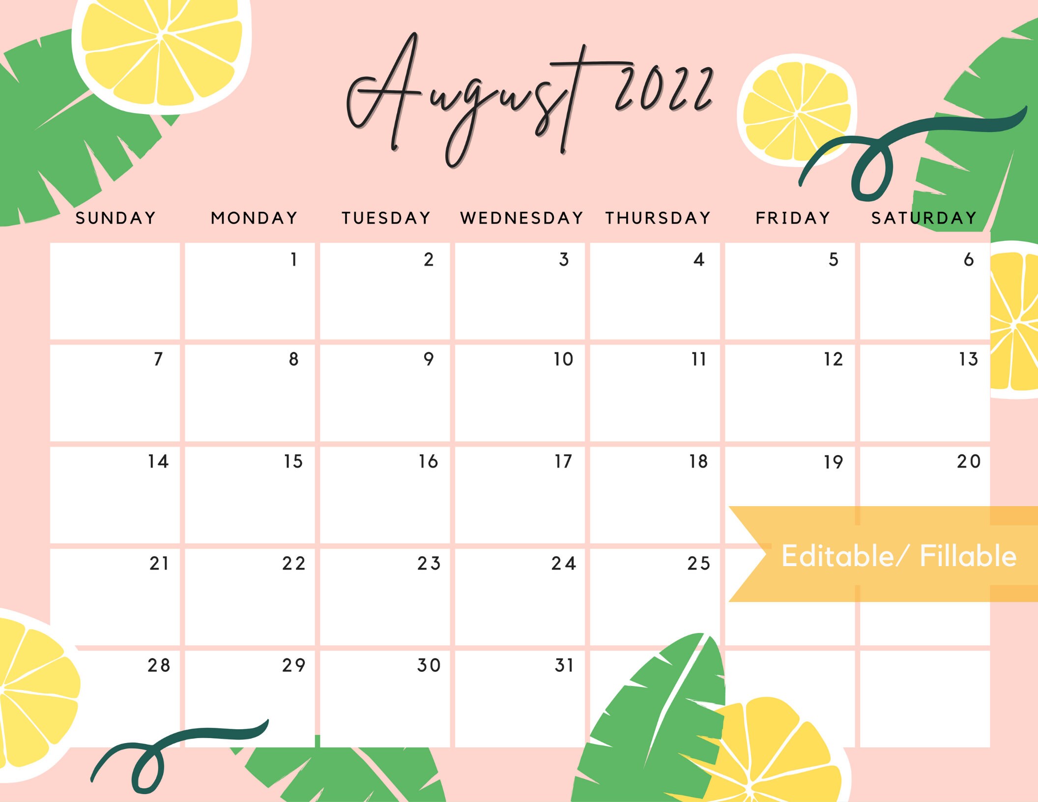august 2022 calendar cute refreshing summer fruity etsy