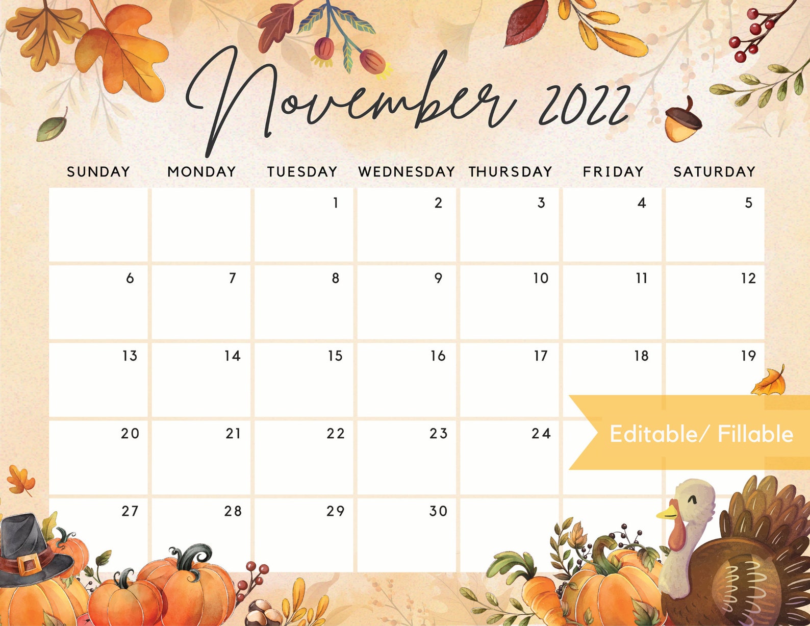 Editable November 2022 Calendar Thanksgiving Day Printable Etsy New