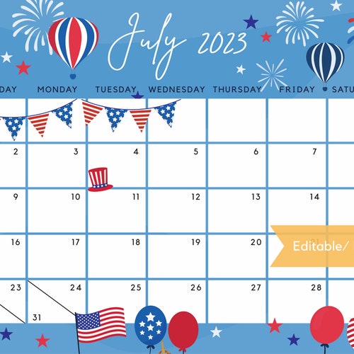 July 2023 Calendar Independence Day Patriotic 4th of July US Etsy New