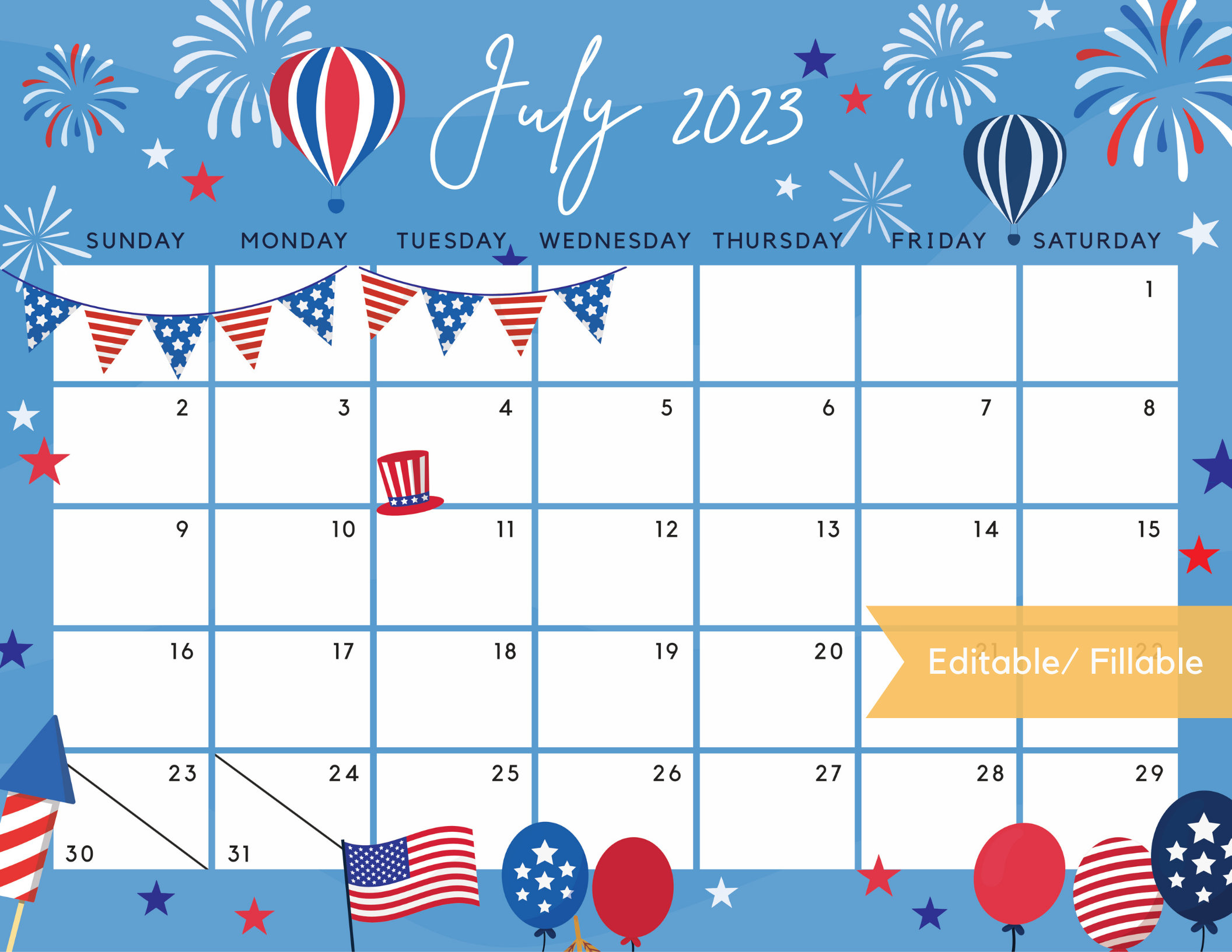 July 2023 Calendar Independence Day Patriotic 4th of July US Etsy