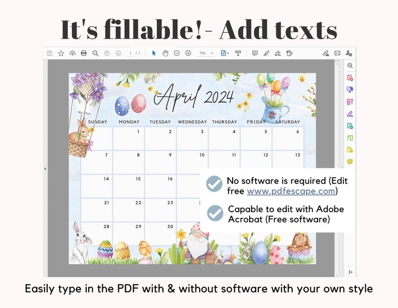 Printable April 2024 Calendar Fun Easter Bunny & Gnome Ediatble Planner