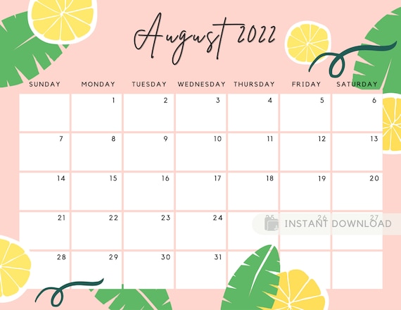 august 2022 calendar cute refreshing summer fruity etsy