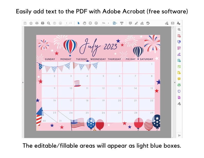 Fillable July 2023 Calendar Independence Day US Patriotic Etsy Australia