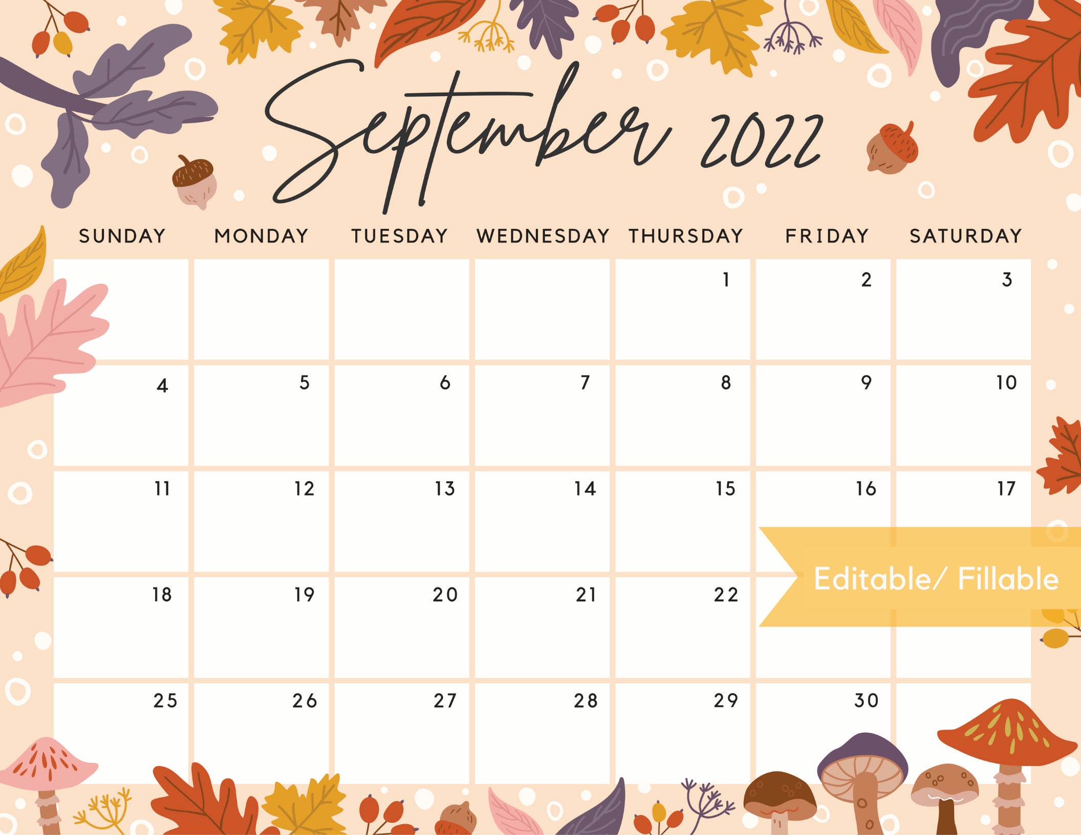 september 2022 calendar beautiful fall autumn flowers etsy