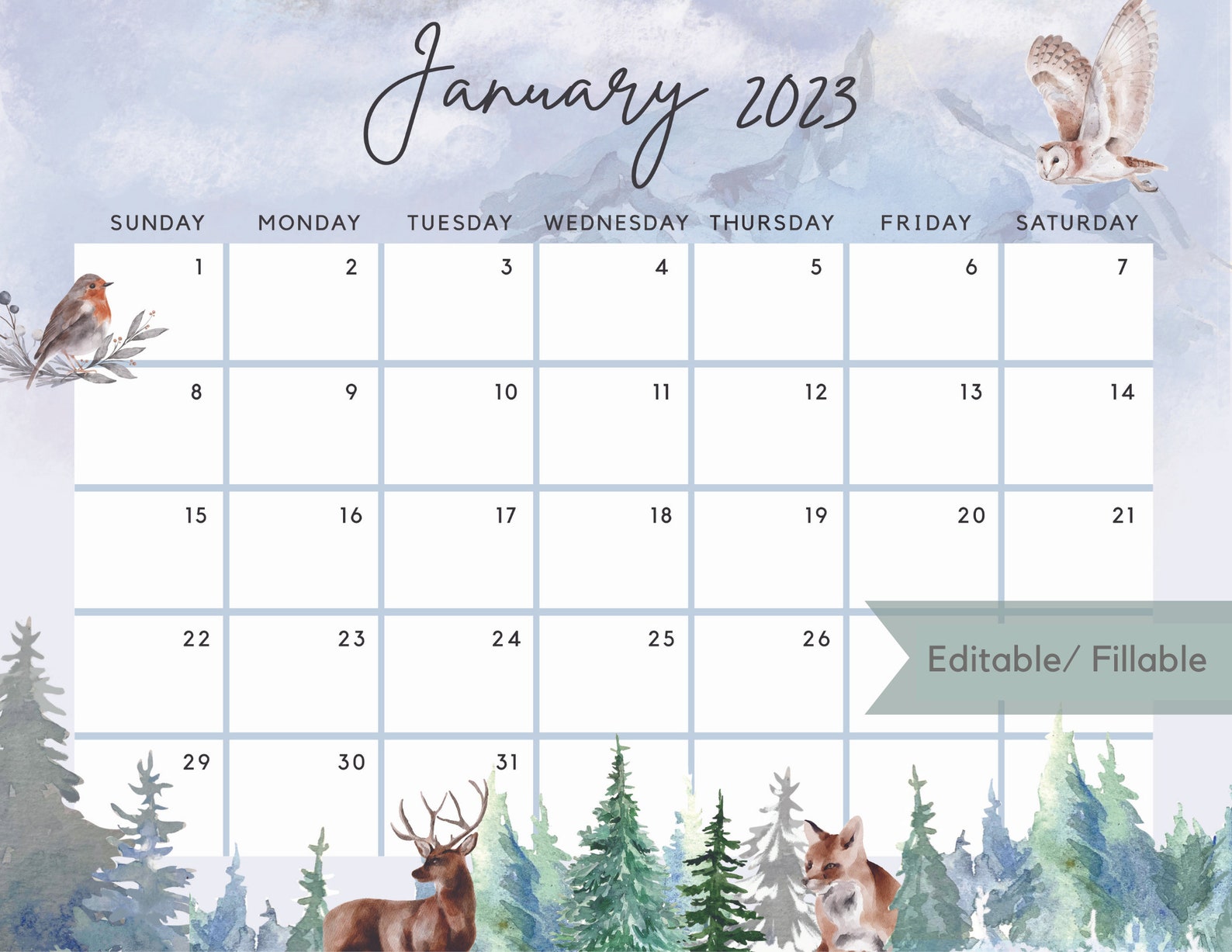 January 2023 Calendar Beautiful Winter Forest Animals Etsy Canada