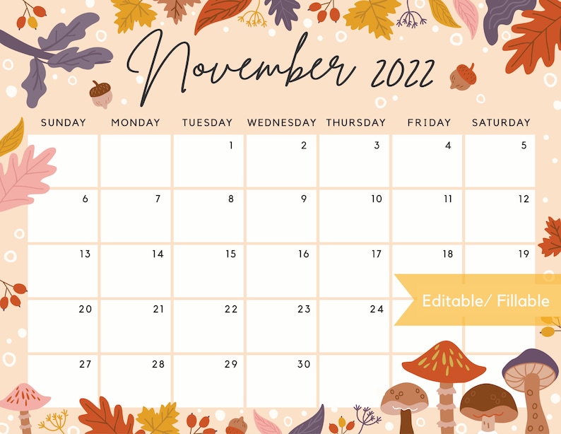 November 2022 Editable Calendar November 2022 Calendar Beautiful Fall Autumn Flowers & | Etsy Ireland