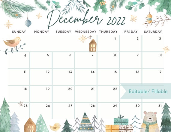 December Calendar 2022 Christmas December 2022 Calendar Cute & Fun Winter White Christmas | Etsy