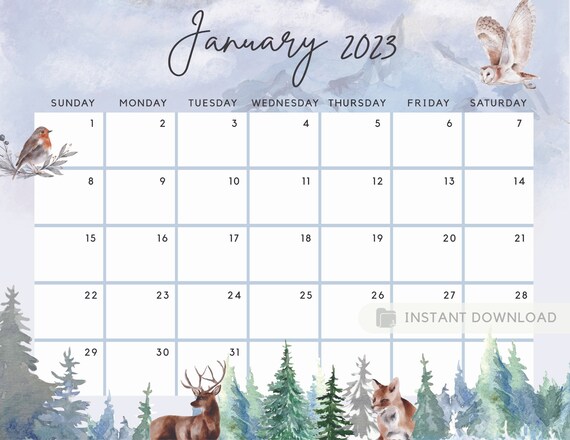 january 2023 calendar beautiful winter forest animals etsy