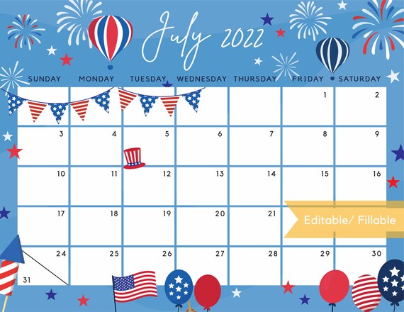 July 2022 Calendar Independence Day Patriotic 4Th Of July Us | Etsy