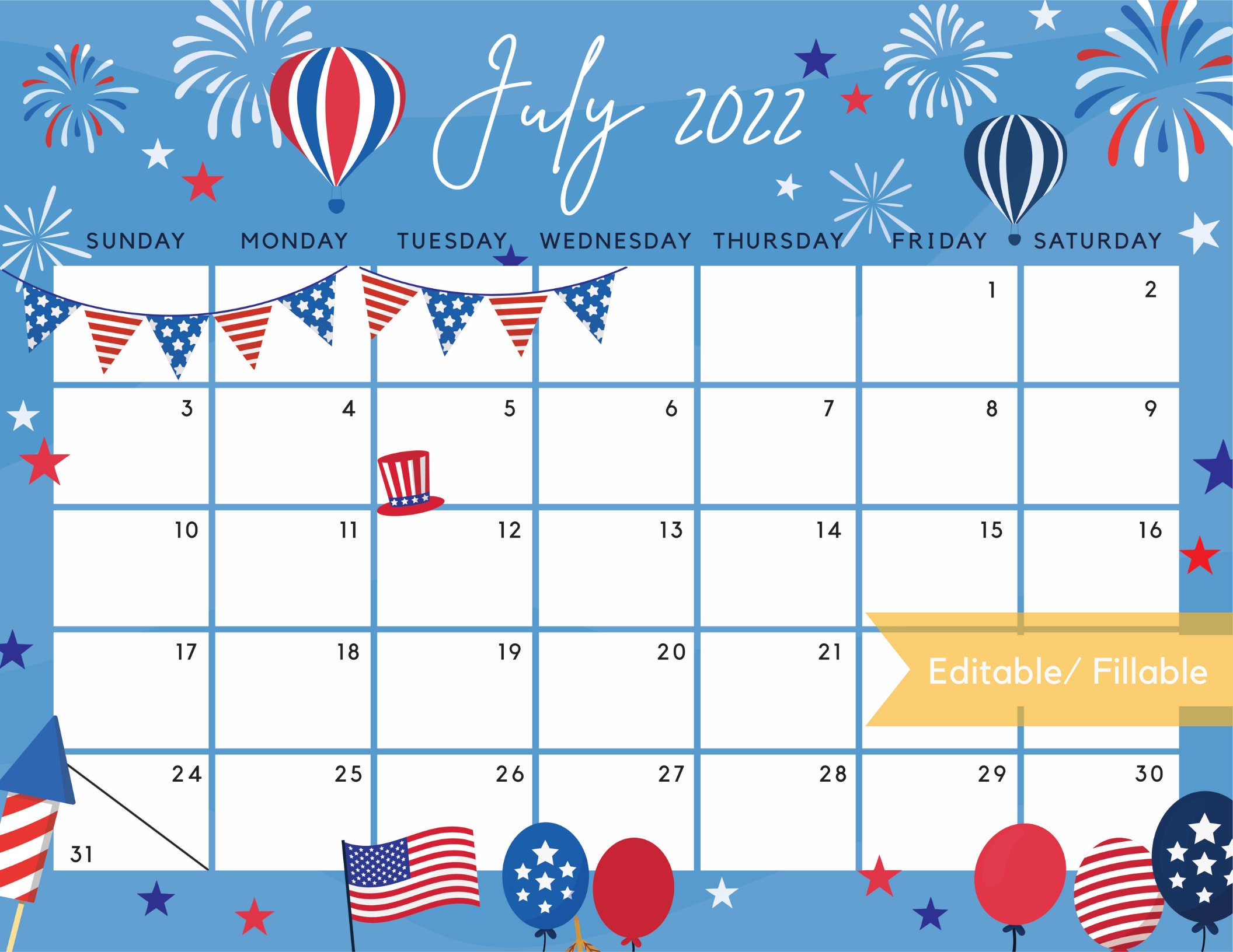July 2022 Calendar Independence Day Patriotic 4th Of July US Etsy July 2022 Calendar Independence Day Patriotic 4th Of July US Etsy