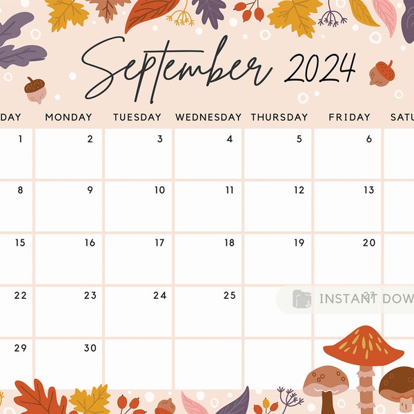 September 2024 Calendar, Beautiful Fall, Autumn Flowers & Leaves, Mushrooms Editable Printable Calendar Planner Insert - Instant Download