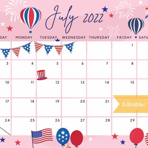 July 2022 Calendar Independence Day Us Patriotic 4Th Of July | Etsy