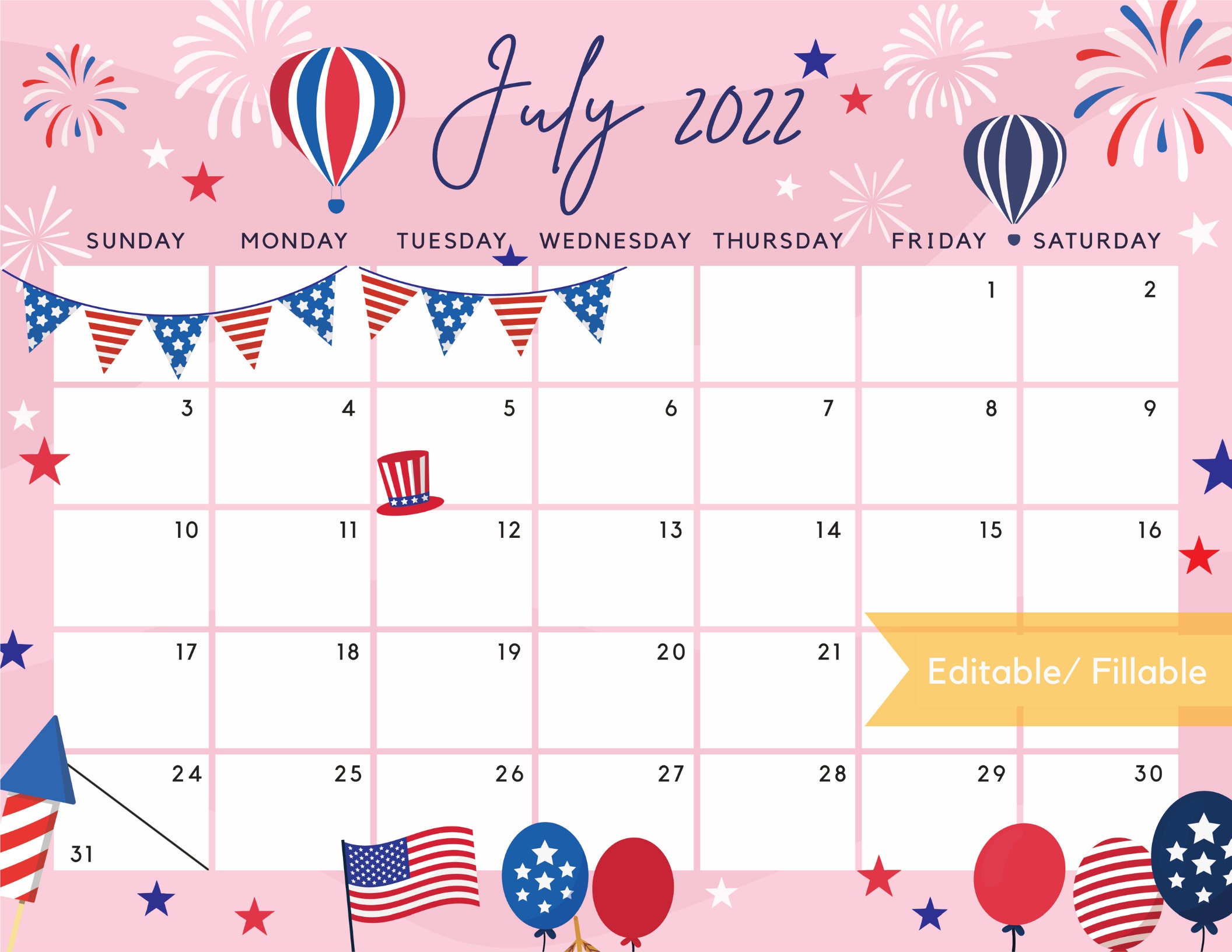 july 2022 calendar independence day us patriotic 4th of july etsy