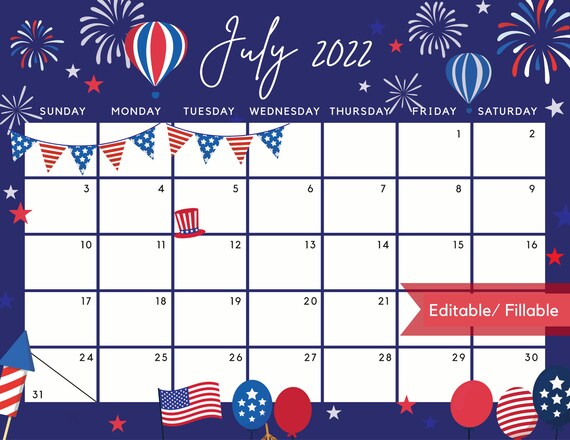 July Calendar 2022 Independence Day 4Th Of July Us National | Etsy
