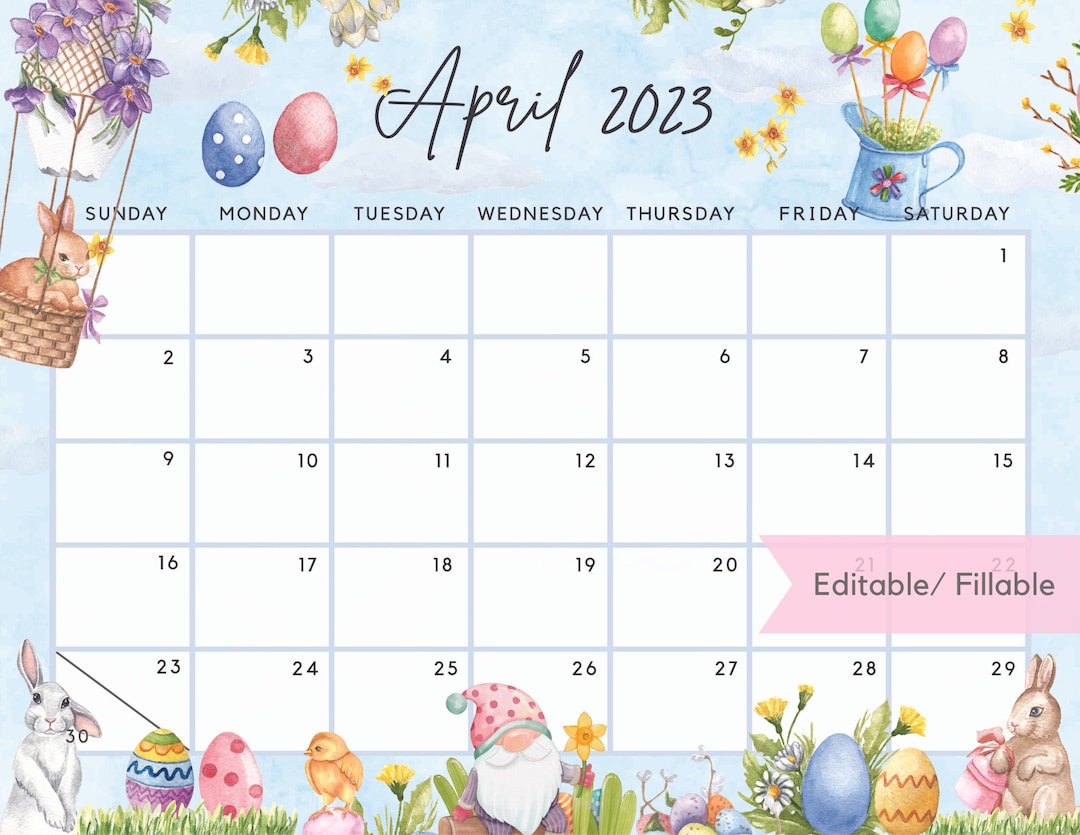 Printable April 2023 Calendar Fun Easter Bunny And Gnome Etsy