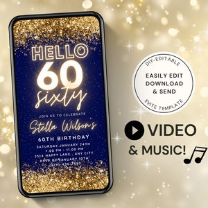 60. Geburtstag Party Einladung, animierte elektronische Party einladen, bearbeitbare Neon Gold auf Royal Blue Navy Video Digital Template