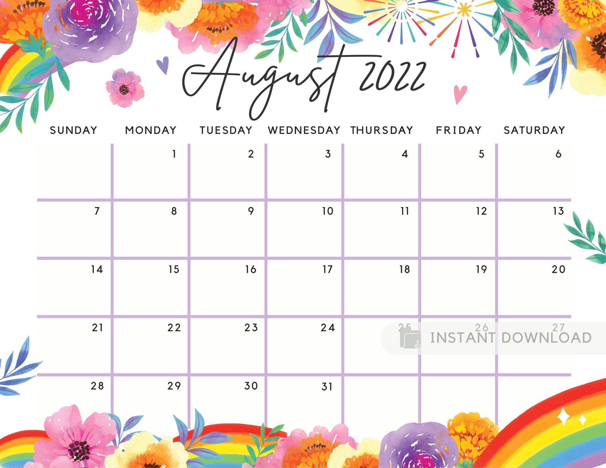 august 2022 calendar colorful refreshing summer plan etsy