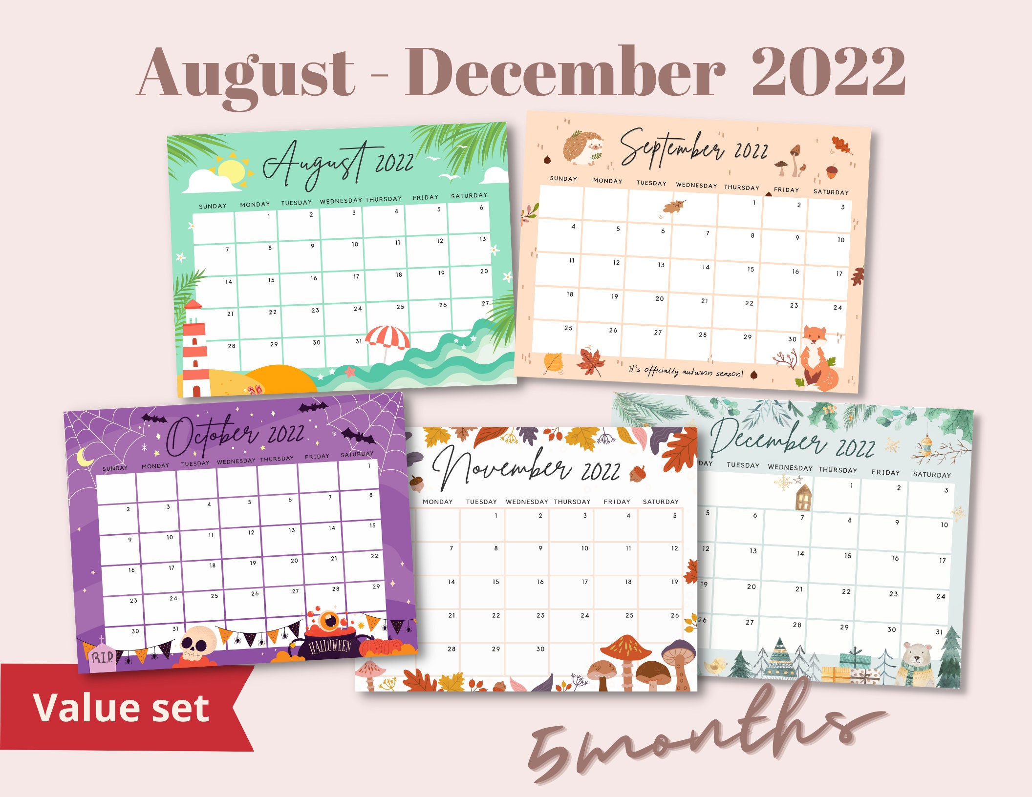 cute calendar 2022 bundle pack editable august to december etsy india