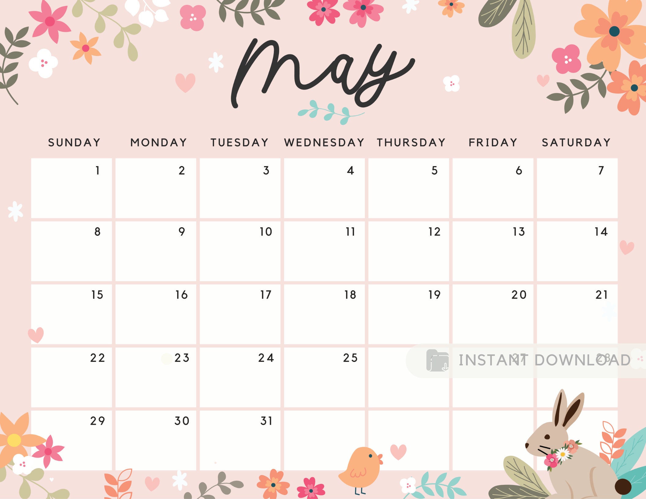 may 2022 calendar printable calendar planner cute spring etsy